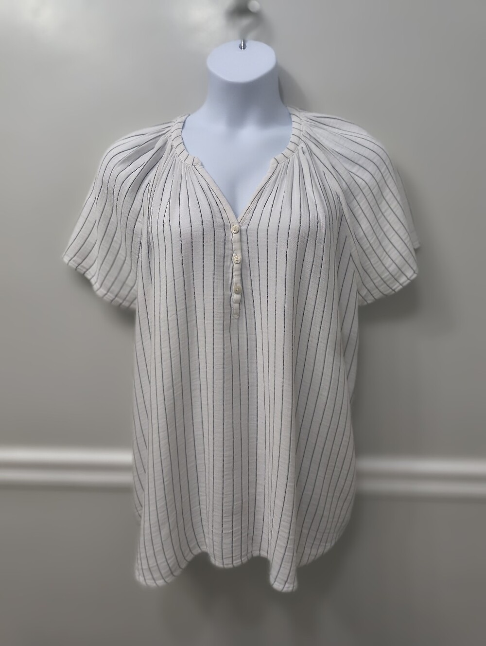 Cynthia Rowley Womens Dotted Stripes Top White Black Stripes 2X Peasant Summer
